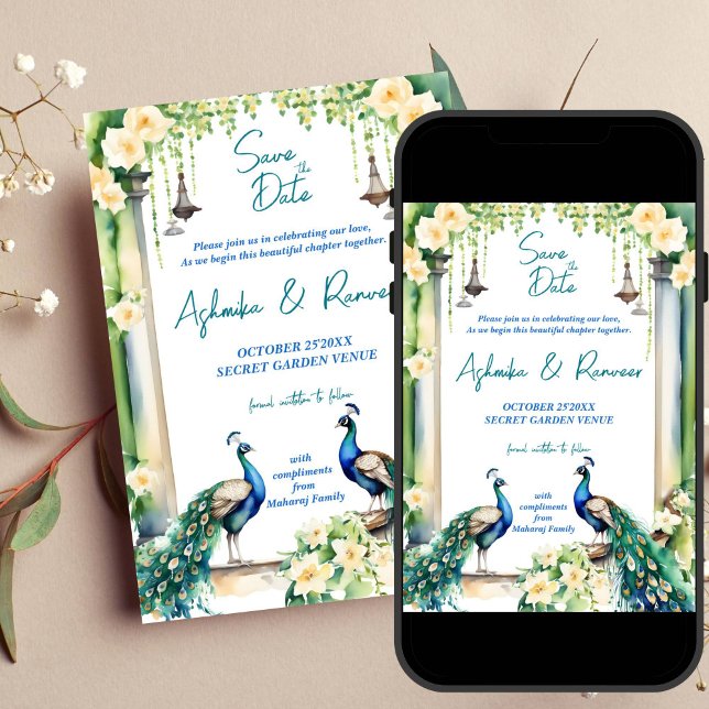 Invitación La boda india de pavo real y jazmín salva la fecha (Peacock jasmine garden Indian wedding save the date editable template invitation digital download)