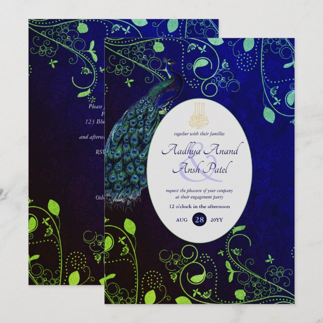Invitación La boda islámica azul del pavo real LeahG invita (Anverso / Reverso)