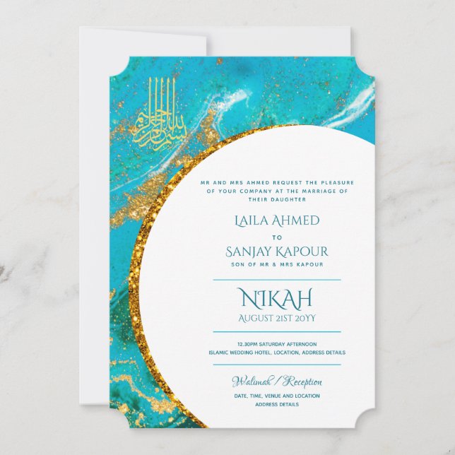 Invitación La boda islámica azul LeahG invita a Nikah (Anverso)