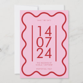 Invitación La boda moderna de borde rojo ondulado y rosa salv