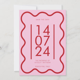 Invitación La boda moderna de borde rojo ondulado y rosa salv