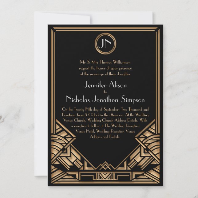 Invitación La boda negra del estilo de Gatsby del art déco (Anverso)