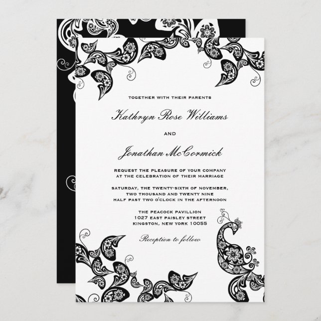 Invitación La boda negra floral elegante del pavo real del (Anverso / Reverso)