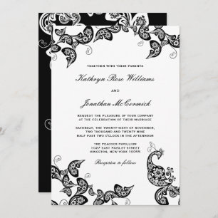 Invitación La boda negra floral elegante del pavo real del
