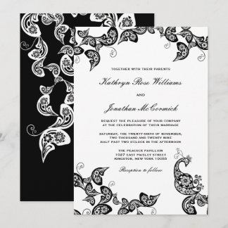 Invitación La boda negra floral elegante del pavo real del
