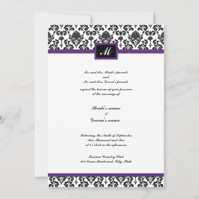 Invitación La boda negra y púrpura del monograma del damasco (Anverso)