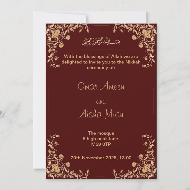 Invitación La boda Nikkah invita al rojo y al oro (Anverso)