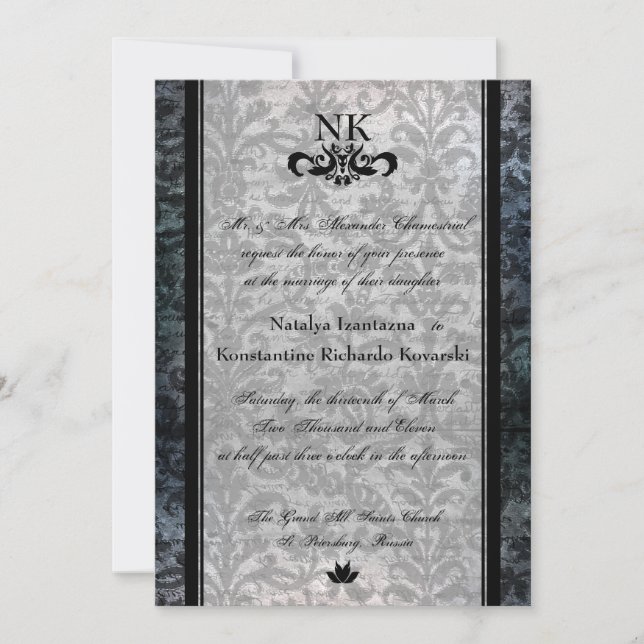Invitación La boda oval del gótico del damasco negro de lujo (Anverso)