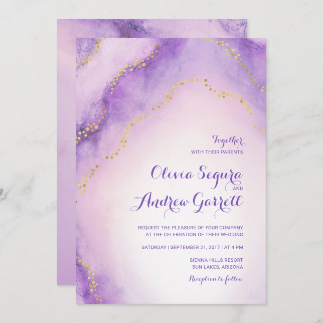 Invitación La boda pintada acuarela Amethyst de la ágata (Anverso / Reverso)