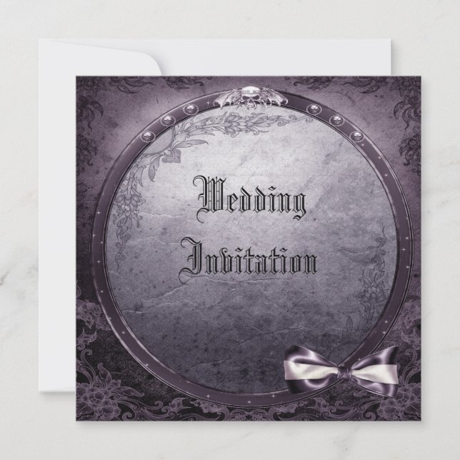 Invitación La boda púrpura coa alas gótica de lino del cráneo (Anverso)