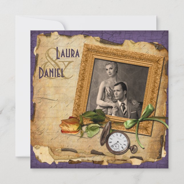 Invitación La boda púrpura de la foto del marco del oro del (Anverso)