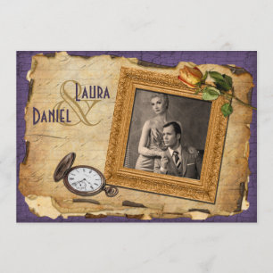 Invitación La boda púrpura de la foto del marco del oro del