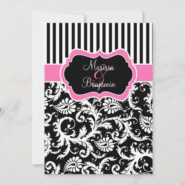 Invitación La boda rayada blanca rosada negra del damasco (Anverso)