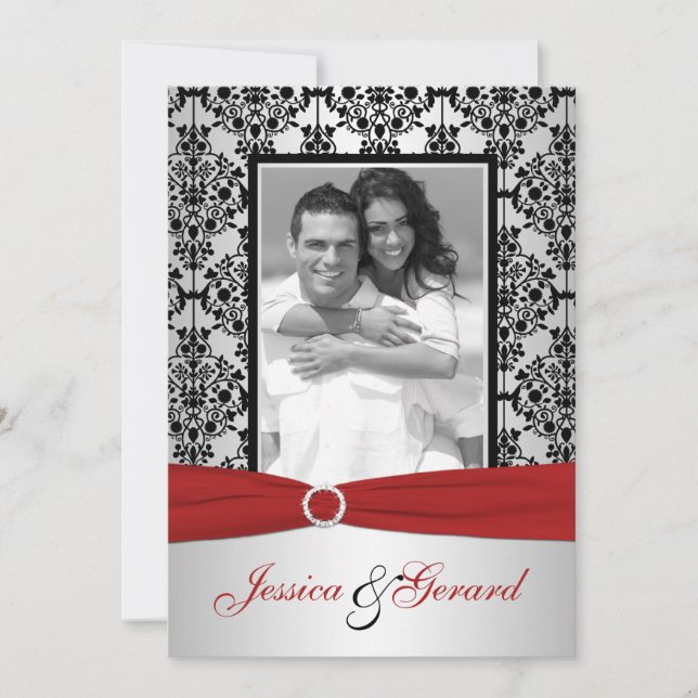 Invitación La boda roja, gris, y negra de la foto del damasco (Anverso)