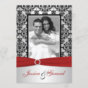 Invitación La boda roja, gris, y negra de la foto del damasco