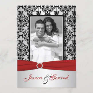 Invitación La boda roja, gris, y negra de la foto del damasco