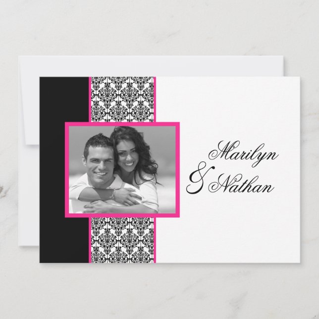 Invitación La boda rosada blanca negra de la foto del damasco (Anverso)