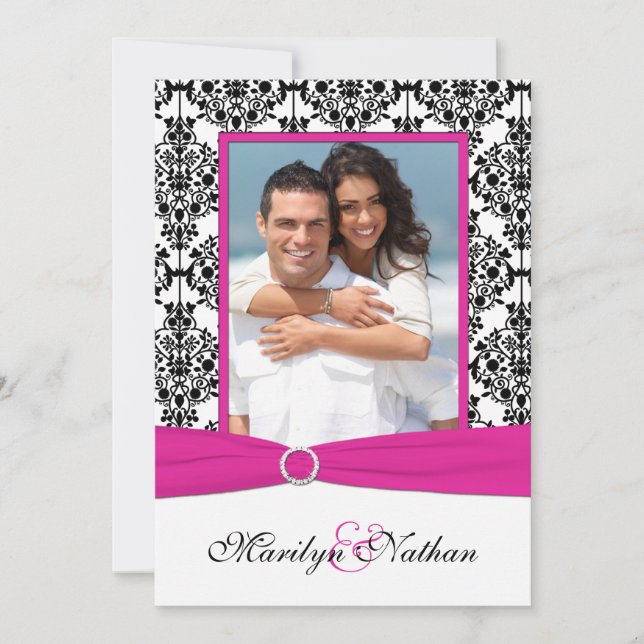 Invitación La boda rosada, blanca, y negra de la foto del (Anverso)