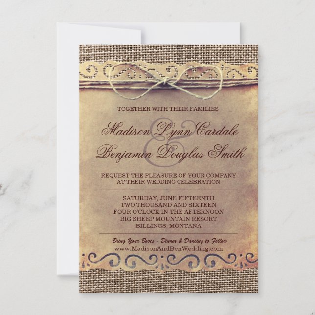 Invitación La boda rústica de la arpillera del papel del (Anverso)