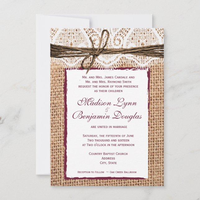 Invitación La boda rústica del arándano de la arpillera del (Anverso)