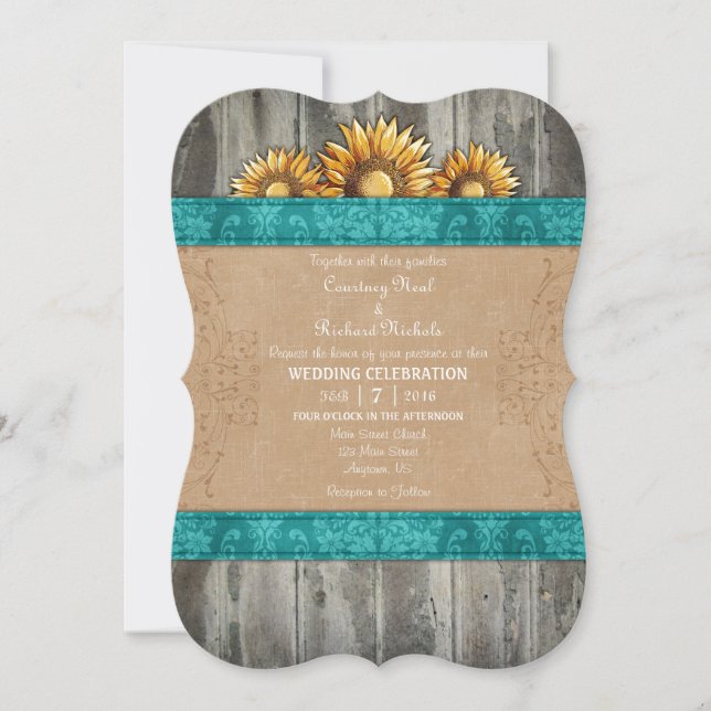 Invitación La boda rústica verde azulada del girasol de Brown (Anverso)