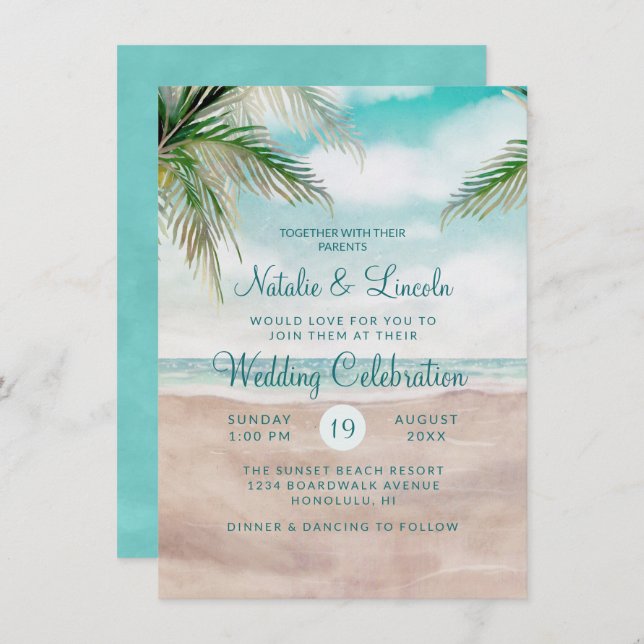 Invitación La brisa de la isla pintó la escena de playa Boda  (Anverso / Reverso)