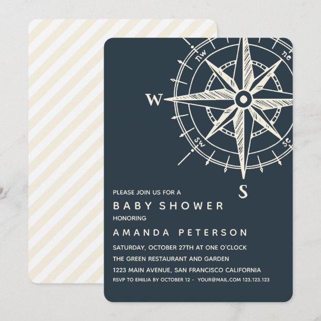 Invitación La brújula azul | Baby Shower náutico (Anverso / Reverso)