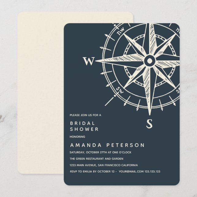 Invitación La brújula azul | Boda Bridal Shower (Anverso / Reverso)
