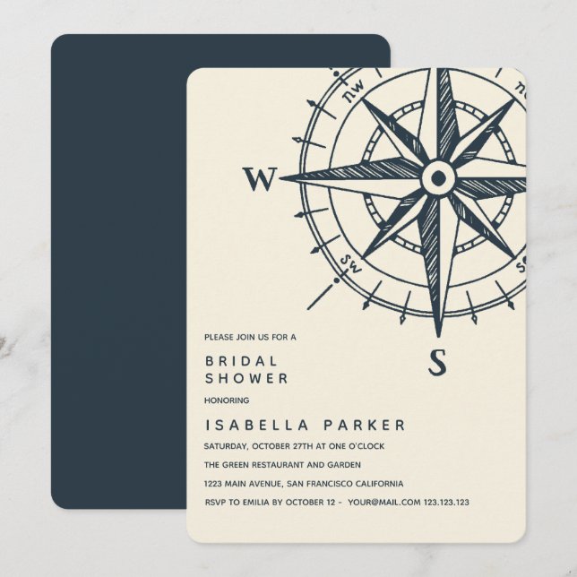 Invitación La brújula azul | Boda Bridal Shower (Anverso / Reverso)