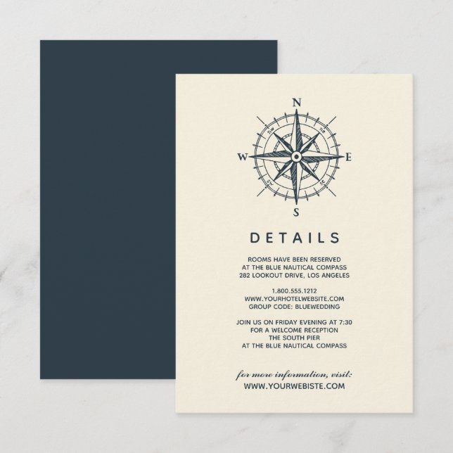 Invitación La brújula azul | Detalles del invitado del Boda (Anverso / Reverso)