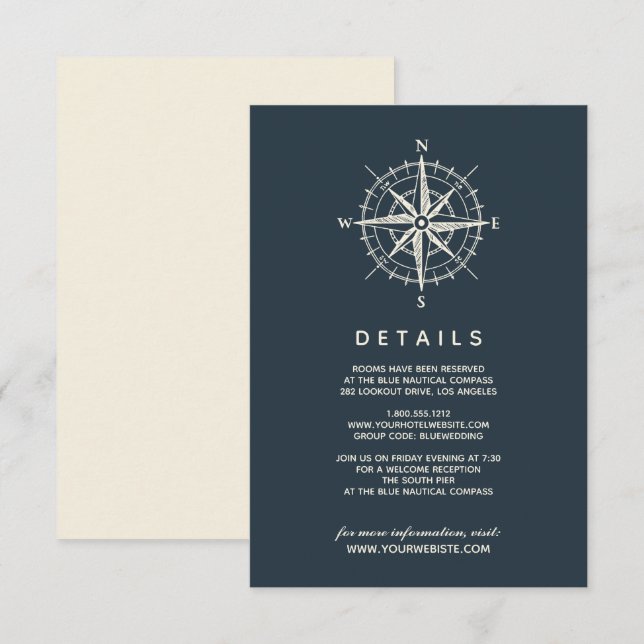 Invitación La brújula azul | Detalles del invitado del Boda (Anverso / Reverso)