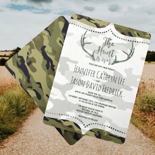 Invitación "La cacería terminó" Boda Rústico Antler Camo