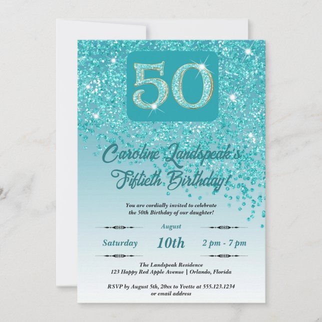 Invitación La caída del Purpurina Azul Verde azulado 50 cumpl (Anverso)