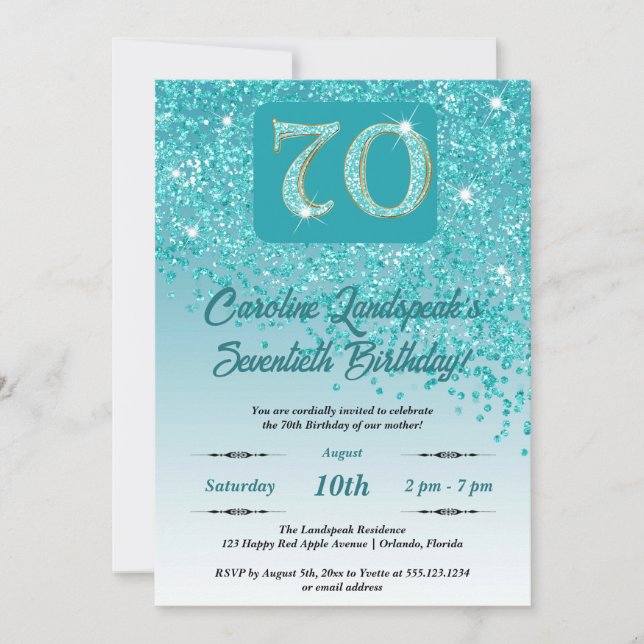 Invitación La caída del Purpurina Azul Verde azulado 70 cumpl (Anverso)