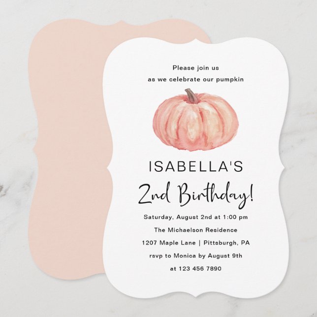 Invitación La calabaza acuarela es el segundo Fiesta de cumpl (Anverso / Reverso)