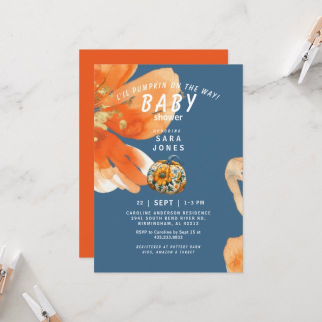 Invitación La calabaza de L'il en el vibrante Baby Shower (Anverso/Reverso In Situ)