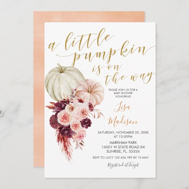 Invitación La calabaza pequeña de Marsala está en camino  (Anverso / Reverso)