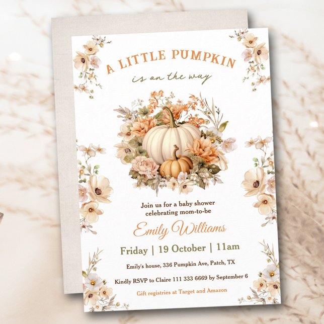 Invitación La Calabaza Pequeña Está En Camino De Un Baby Show (Little Pumpkin Is On The Way Neutral Baby Shower Invitation)