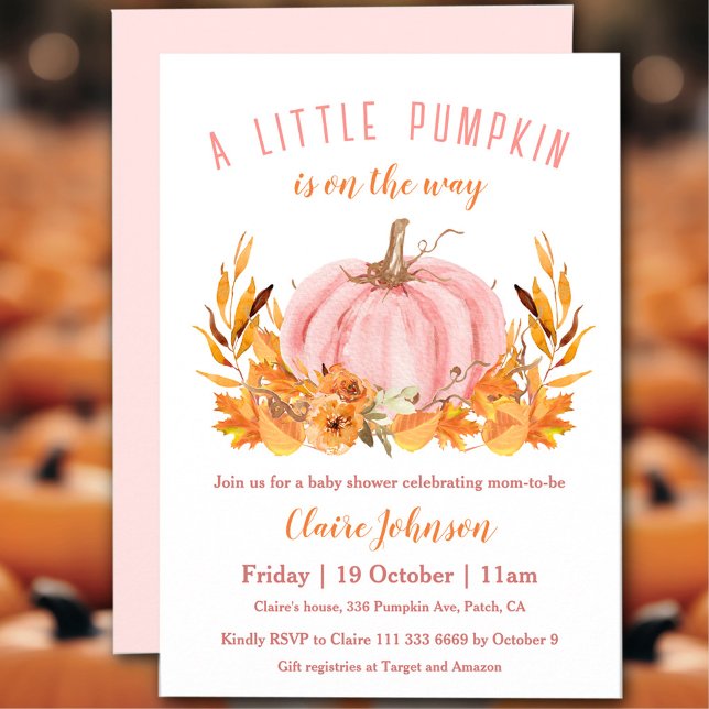 Invitación La Calabaza Pequeña Está En Camino Del Chica Rosa  (Little Pumpkin Is On The Way Pink Girl Baby Shower Invitation)