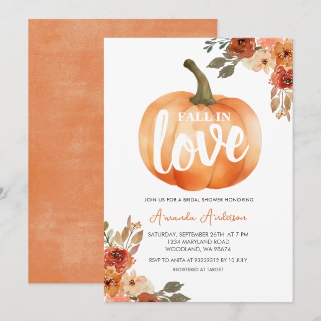 Invitación La calabaza rusa Naranja se enamora en ducha de no (Anverso / Reverso)