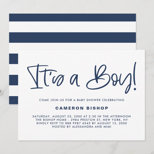 Invitación La caligrafía azul marina es un niño Baby Shower (Anverso / Reverso)