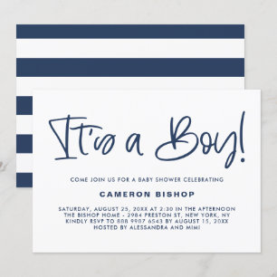 Invitación La caligrafía azul marina es un niño Baby Shower