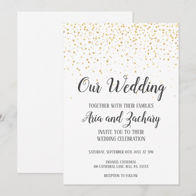 Invitación La caligrafía de Confetti de oro Nuestra invitació (Anverso / Reverso)