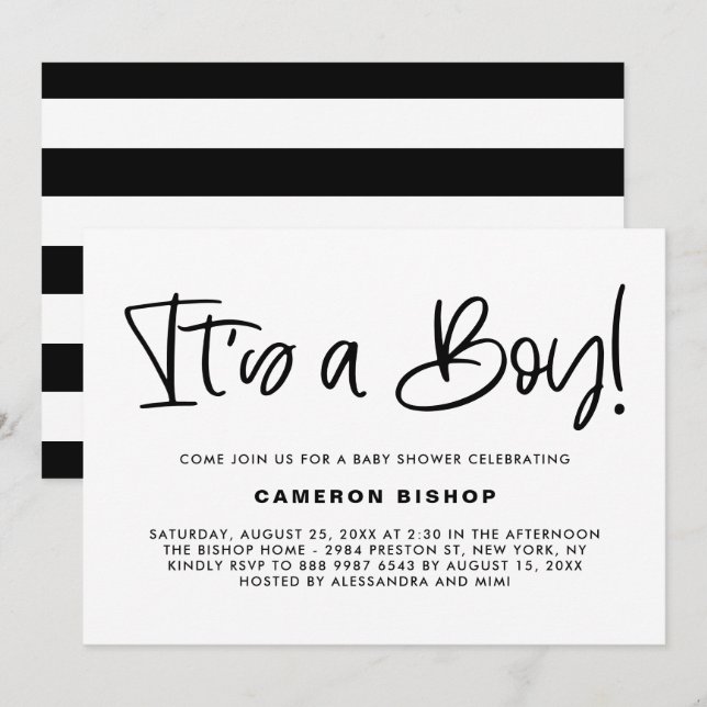 Invitación La caligrafía de corte negro es un niño Baby Showe (Anverso / Reverso)