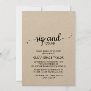 Invitación La caligrafía de Kraft Rústica Sip y See