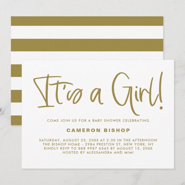 Invitación La caligrafía Gold Cute es un Baby Shower Chica (Anverso / Reverso)