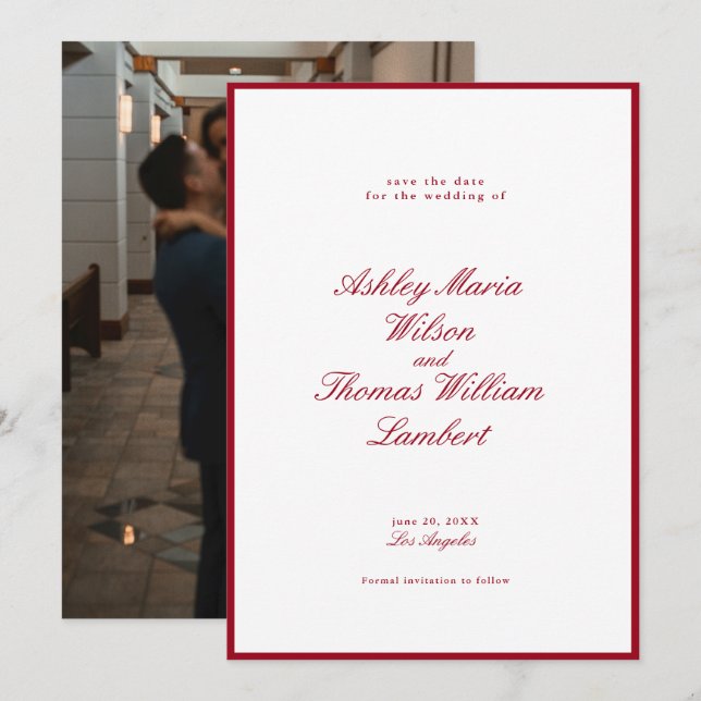 Invitación La caligrafía moderna La boda roja salva la fecha (Anverso / Reverso)