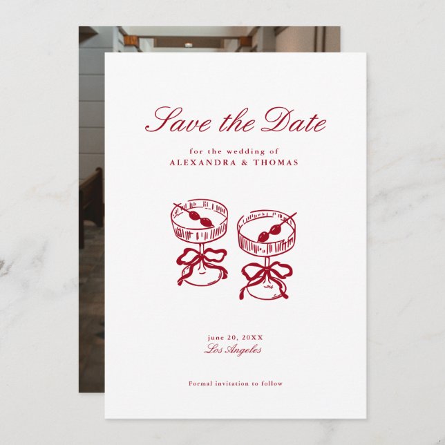 Invitación La caligrafía moderna La boda roja salva la fecha (Anverso / Reverso)