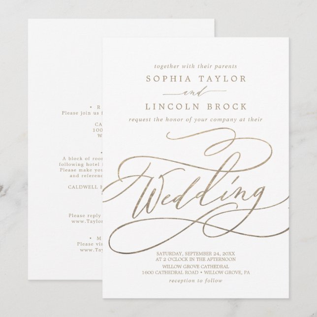 Invitación La caligrafía romántica del oro detalla el Boda tr (Anverso / Reverso)