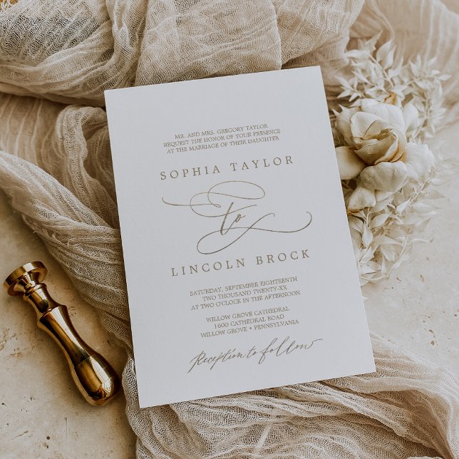 Invitación La caligrafía romántica del oro florece Boda forma (Romantic Gold Elegant Traditional Formal Wedding Invitation)
